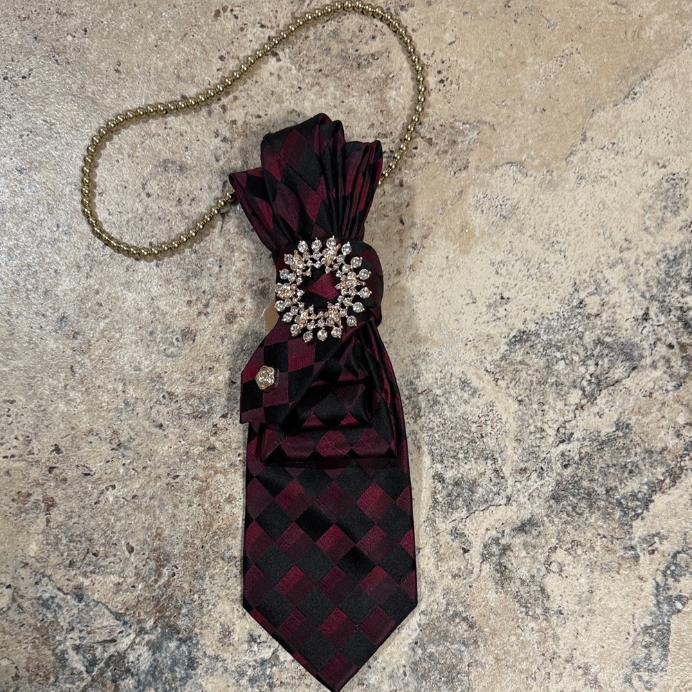 Elegant Black and Red Checkered Neck Tie Necklace with rhinestone brooch